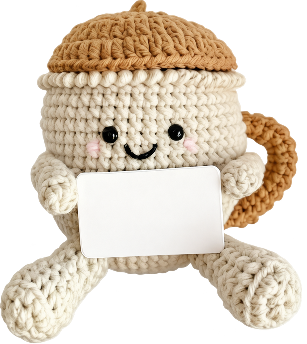 Knitted cappuccino cup holding an encouragement card